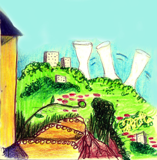 This drawing is made of the dream when I stand on the steps of the mountain looking at the strange white structures in the distance going sides ways up and down.