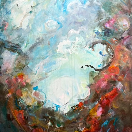 This 36"x48" acrylic abstract expressionist painting projects emotion, growth, and transformation using asymmetrical balance, contrasts of dark, light, vibrant, and muted colors, and an arresting display of visceral emotions.